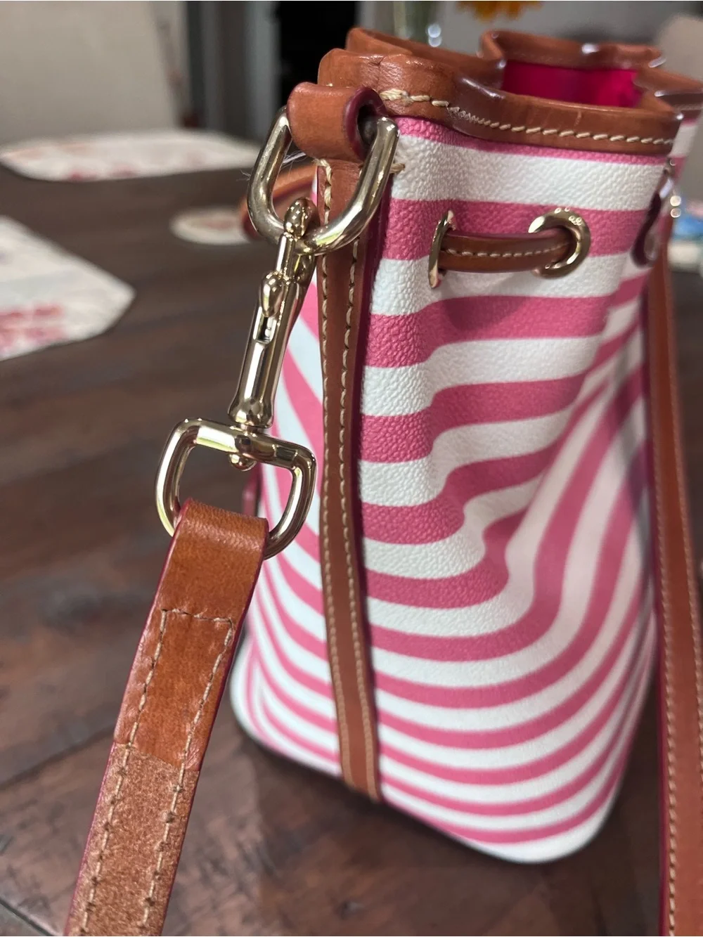 Dooney & Bourke Sullivan Striped Drawstring Bag in Watermelon/White